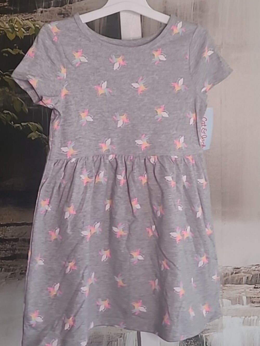New with tags! Cat & Jack Girls 5T Fun Neon Unicorn Short Sleeve Gray Dress